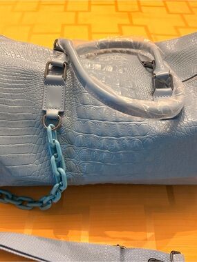 Privata Light Blue Croc-Embossed Tote Bag with Chain Accent